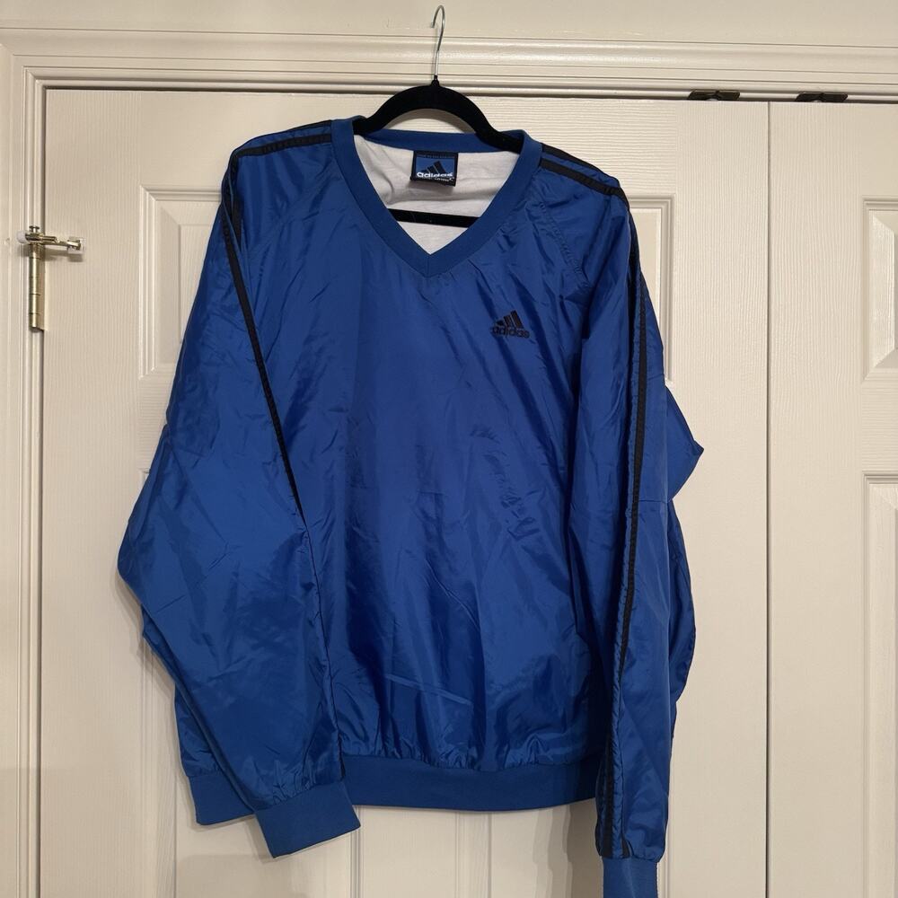 Vintage Adidas V-Neck Pullover Windbreaker Jacket Royal Blue Black 3-Stripe